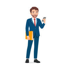 A man in a suit holding a book and a phone in his hand with smile facial expression