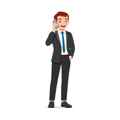 Obraz premium Smiling Man in Suit Talking on Mobile Phone with One Hand in Pocket Standing in Full Shot