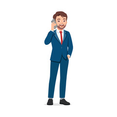 Man in Suit Talking on Mobile Phone with Hand in Pocket Smiling against White Background