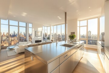 Modern penthouse kitchen with stunning city views, featuring stainless steel appliances and minimalist design.