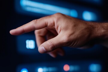 Programmer pointing finger to futuristic control panel interface in data center