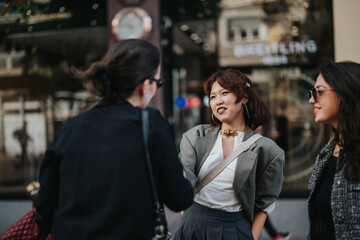 Fototapeta premium A group of business people chatting energetically in a downtown area. Their engaging expressions suggest a lively discussion or networking opportunity, highlighting professional interaction and urban