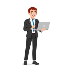 Businessman standing holding a laptop, smiling with formal wear, isolated on white background