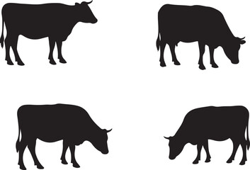 Cow silhouette. Cow vector illustration. Black cow and domestic milk cows. Farm animals isolated vector icons set.