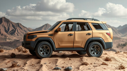 Rugged Off-Road SUV in a Desert Landscape Under a Cloudy Sky
