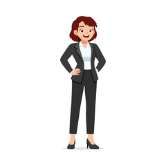 Confident Businesswoman Standing with Hands on Hips Wearing Suit and Smiling Expression