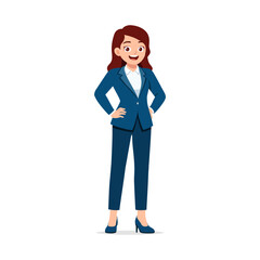 A Confident Woman in Blue Business Suit Standing Hands on Waist Smiling with Joy