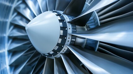 Dramatic Close-up of a Modern Airplane Engine with Sharp Blades Details
