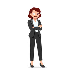 Businesswoman in formal suit standing with arms crossed and smiling, a confident posture