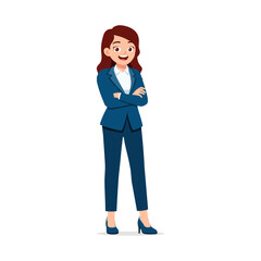 Smiling Businesswoman with Crossed Arms in Blue Suit Standing Confidently in Full Body Pose