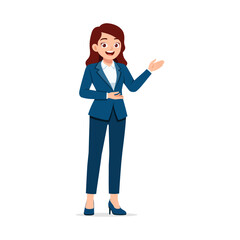Businesswoman presents information, Standing and gesturing with hand and a smile, full body