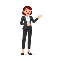 Businesswoman Presenting with Open Palm, Wearing Suit and Heels, Smiling at Full Length