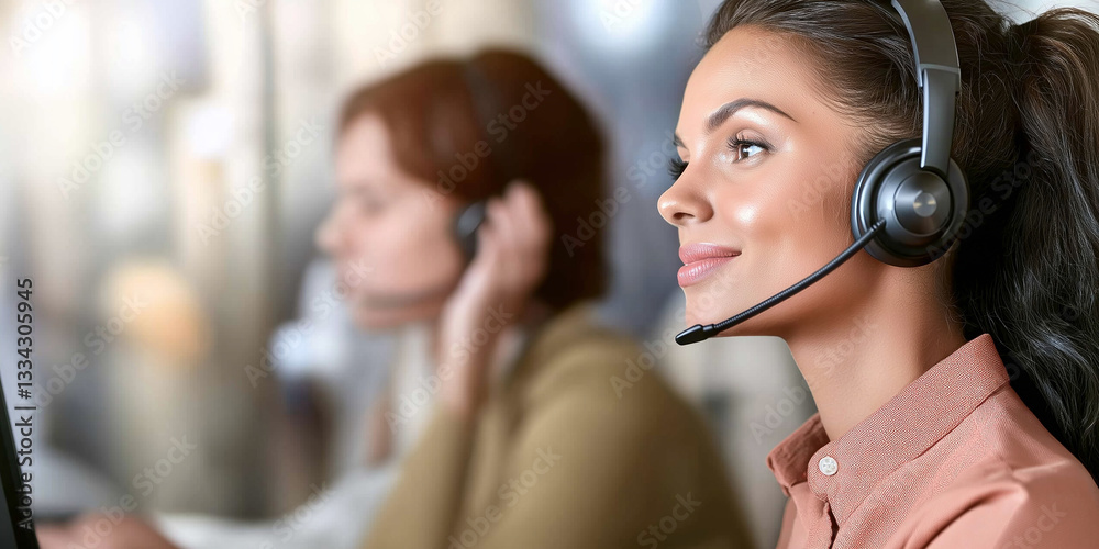 Poster smiling customer service representative wearing headset assisting clients