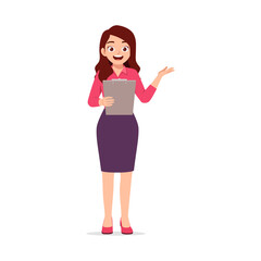 A smiling woman holding a clipboard while gesturing with her hand illustration