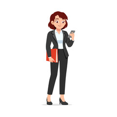 Businesswoman using smartphone and holding a red folder on white background in full body