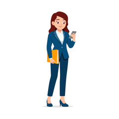 Businesswoman in suit holding a book while looking at a smartphone screen with a smile