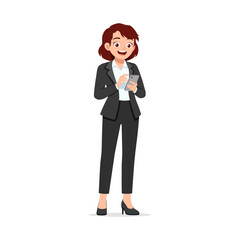 Businesswoman Using Phone Smiling in Business Suit with Heels Isolated on White