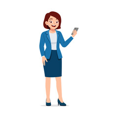 Cheerful Businesswoman in Blazer and Skirt Holding Mobile Phone with Smiling Expression