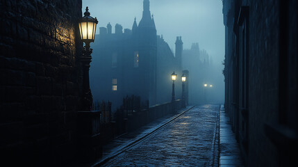 Obraz premium Image of Victorian London on a moody evening with gas-lights, fog and cobble-stone streets 