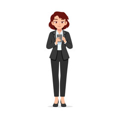 Businesswoman Using Mobile Phone Standing, Wearing Suit With Happy Expression in Full Length Isolated