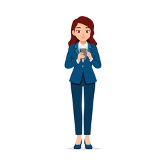 Businesswoman Hold and Look at Smartphone with Smile Expression in Cartoon Illustration Style