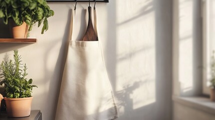 Cream Kitchen Apron Hanging with Wooden Spatula Herbs Sunlight