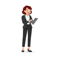 Woman in Suit Using Digital Tablet Device Smiling and Standing on Isolated White Background