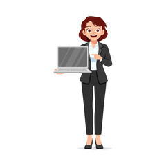 Businesswoman Presenting Laptop, Smiling and Pointing at the Screen in Formal Suit, Isolated