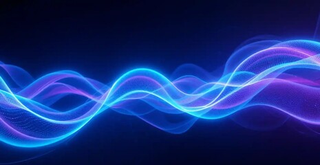 Fototapeta premium Dynamic neon light waves in vibrant blue and purple, smoothly flowing over a dark futuristic backdrop, ideal for digital branding, website headers, and high-tech visuals.