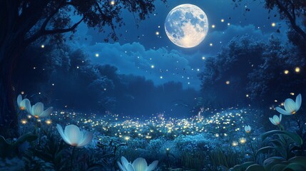 Moonlit Night Illuminated by Glowing Moonflowers - Enchanting Night Landscape