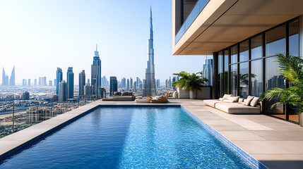 Fototapeta premium Impressive spacious penthouse terrace with pool and views of Dubai. Skyscrapers of the United Arab Emirates
