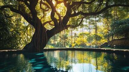 Lush Tropical Tree with Hanging Vines for Creative Designs and Projects