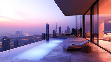 Obraz premium Impressive spacious penthouse terrace with pool and views of Dubai. Skyscrapers of the United Arab Emirates
