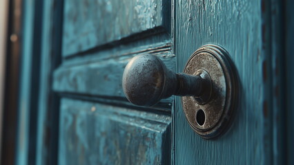 A rusty doorknob attached to an aged door, showing visible wear and weathering, giving the door a vintage, character-filled appearance with textured, timeworn metal.