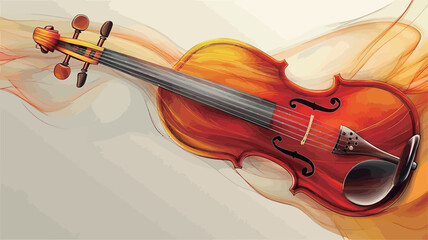 Fototapeta premium The image is a digital illustration or painting depicting a violin resting on an abstract, flowing form resembling a wave or fabric. The violin is predominantly orange and red with a darker brown