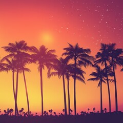Fototapeta premium A dreamy tropical sunset scene with tall, elegant palm trees silhouetted against a warm gradient sky. The colors shift from deep orange at the horizon to soft peach and dusky purple at the top.