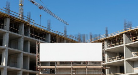Street banner mockup PSD. Construction site with blank billboard against blue sky