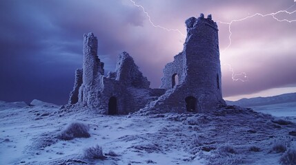 Majestic Ancient Castle Ruins in Frozen Wasteland Bathed in Soft Light