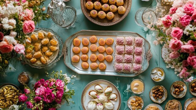 Beautifully arranged Nowruz table featuring trays of delicious Persian sweets like zoolbia bamieh, pistachio nougat, and rosewater-infused cookies, celebrating tradition and festivity
