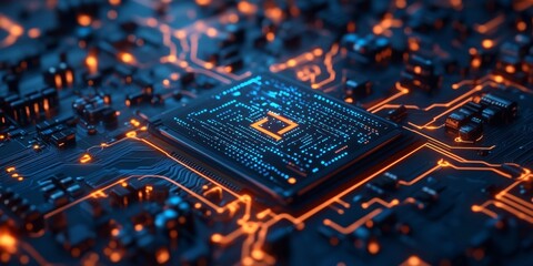 Closeup image showing a detailed computer chip on a motherboard