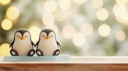 Obraz premium Two Cute Penguins Meditating Together on Floating Ice with Soft Bokeh Background