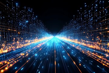 Obraz premium Abstract digital information highway with bright blue and orange lights