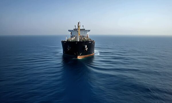 Oil tanker sailing ocean; clear sky; calm sea; global trade; shipping industry