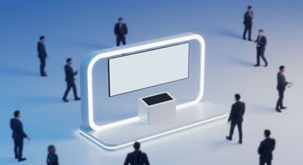 Street banner mockup PSD. Business professionals engaging around modern display stand