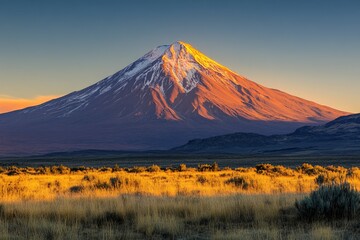 Fototapeta premium Majestic snow-capped mountain at sunset, casting a golden glow on the surrounding landscape.