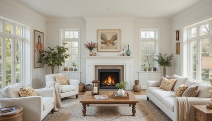Fototapeta premium Cozy living room with fireplace, white sofas, armchairs, wooden coffee table, patterned carpet, and natural light from large windows.