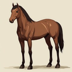 Obraz premium A simplified manhwa-style illustration of a brown horse standing tall, its sleek coat shaded with minimal strokes for a clean and polished webtoon look. Its dark mane flows slightly in the breeze