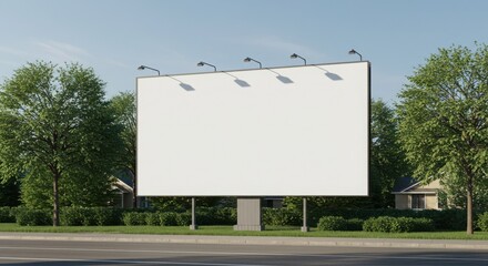Street banner mockup PSD. Empty billboard in urban setting with trees and houses
