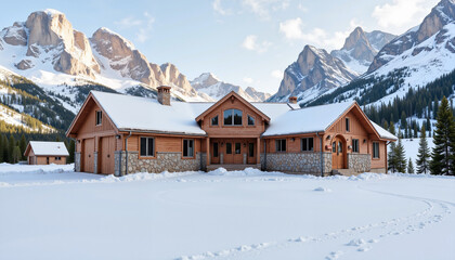 Fototapeta premium Inviting ski cabin surrounded by snow-draped mountains, winter escape