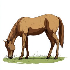 Obraz premium A webtoon-friendly side view of a brown horse stretching its neck forward in a natural grazing stance. The pose is simplified yet expressive, with a smooth, streamlined silhouette. 